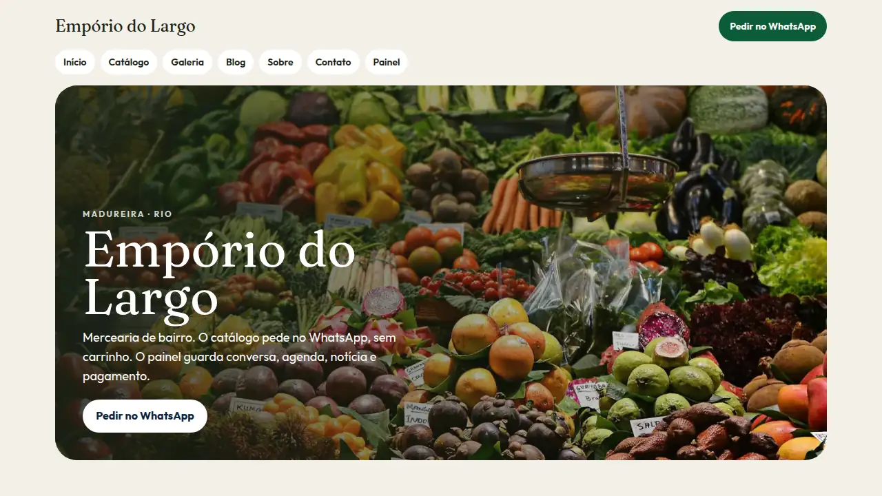 Exemplo de site completo no computador: Empório do Largo, uma loja fictícia.